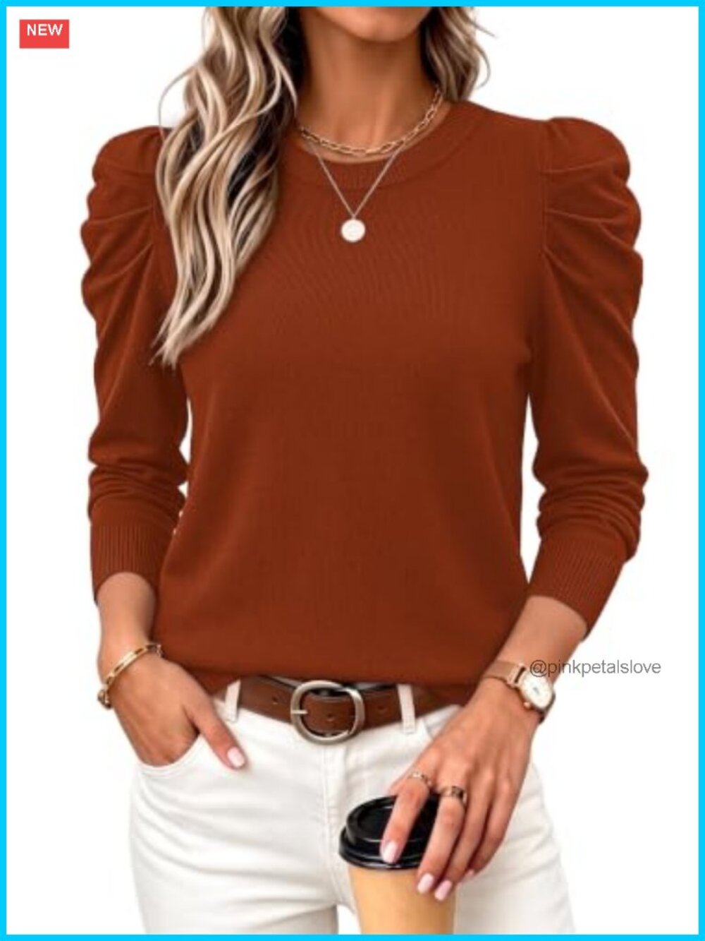 Womens Long Sleeve Puff Sleeve Knit Pullover Sweater Crew Neck Fall Top